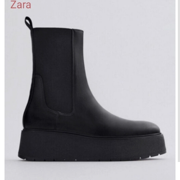 ZARA WOMEN'S FLAT LEATHER PLATFORM ANKLE BOOTS Black Genuine Leather US 9 NWT - Picture 2 of 15